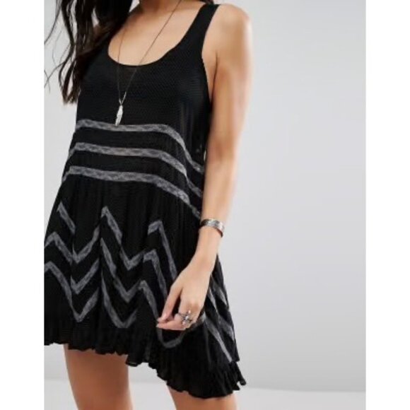 Free People Black Gray Tiered Ruffle Hem Voile & Lace Tiny Dots Mini Dress Tunic - Picture 7 of 16